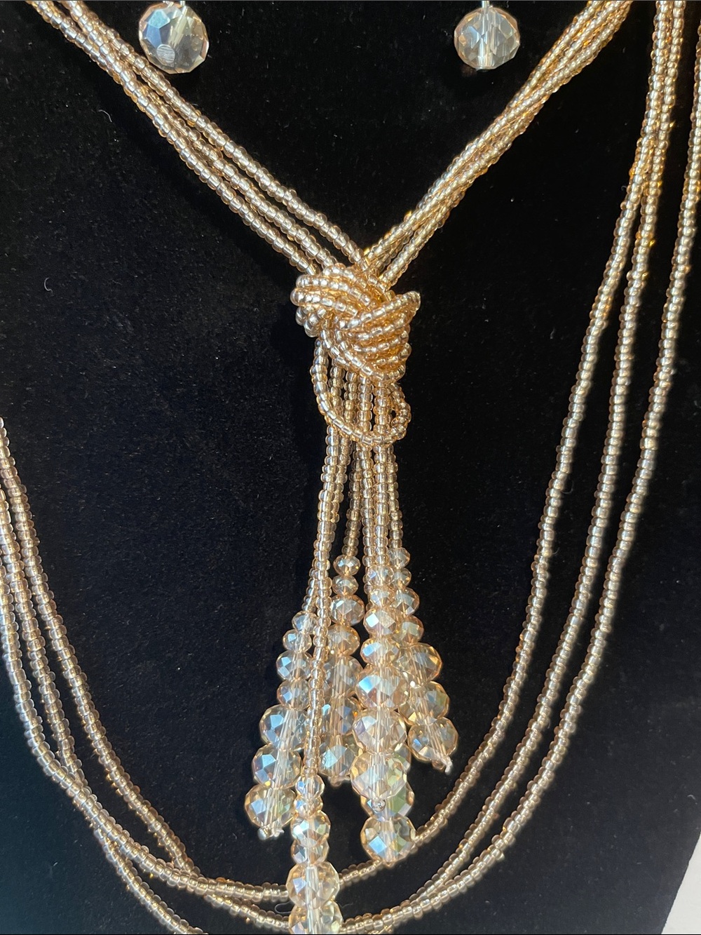 Gold Beaded Multi-Strand Knot Necklace with Crystal Drop Earrings